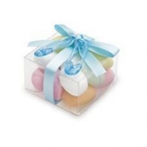 We Like To Party Baby Shower Clear Favour Boxes with Blue Ribbon
