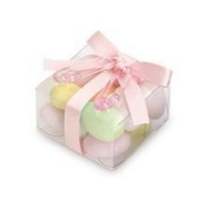 We Like To Party Baby Shower Clear Favour Boxes with Pink Ribbon