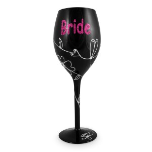 We Like To Party Black Bride Wine Glass With Pink Bow